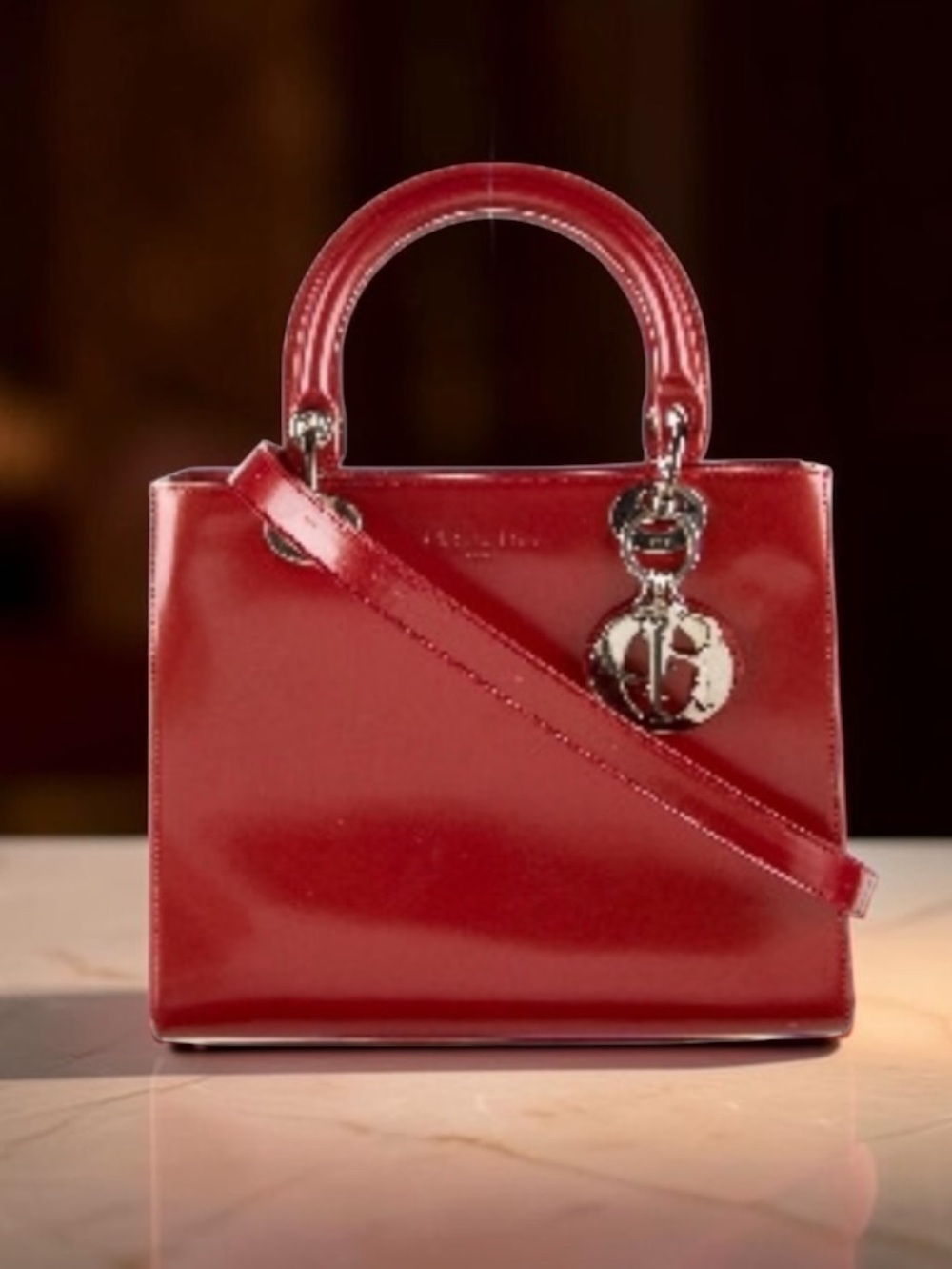 Christian Dior Red Polished Leather w Strap. Lady Dior. Dustbag